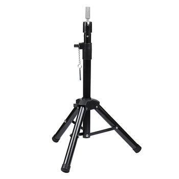 Representative image of a black adjustable tripod wig stand; exact fittings may vary